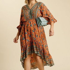 Umgee Plus Paisley Orange Ruffled Sleeve Dress